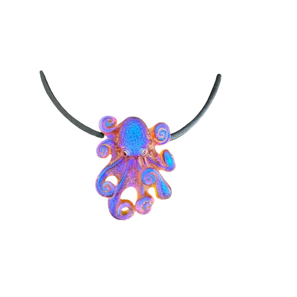New Electric Blue Octopus Ruby Eyes Pâté de Verre Pendant By Gregory Burgard LE